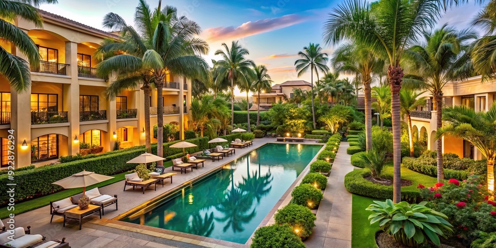 Fototapeta premium Luxurious suites and lush gardens in a resort setting captured in stunning HD clarity, luxury, opulent, suites, vibrant gardens