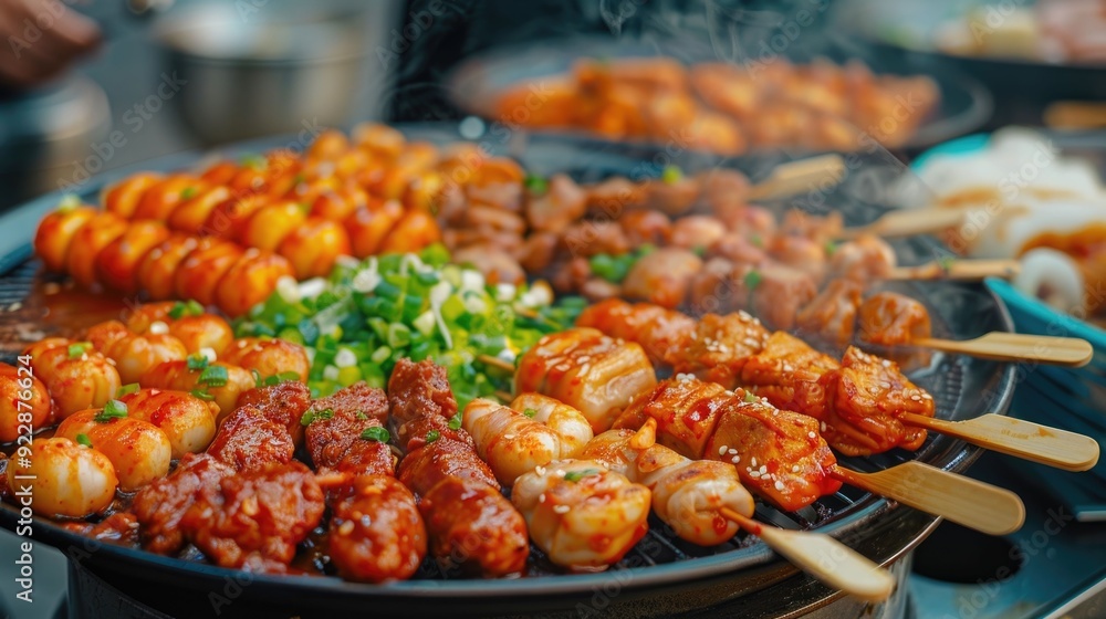 Mouthwatering array of traditional Korean street food specialties being shared and enjoyed by a group of friends in a lively colorful urban setting Mouthwatering array of traditional Korean street food specialties being shared and enjoyed by a group of friends in a lively colorful urban setting
