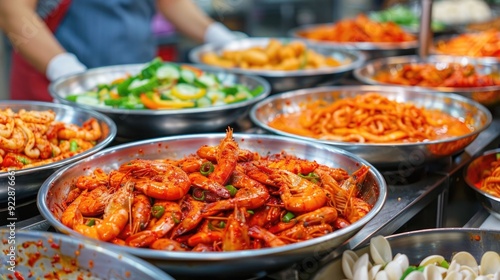 Vibrant Korean Street Food Snacks Shared by Friends on a Blurred Background