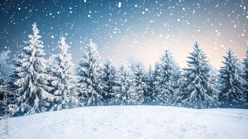 Winter Wonderland: Snowfall over snow covered pine trees in serene forest landscape at dawn. Winter Wonderland: Snowfall over snow covered pine trees in serene forest landscape at dawn.