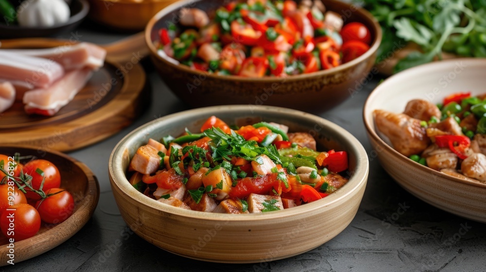 Rustic Mediterranean Culinary Adventure with Gourmet Dishes and Vibrant Ingredients Closeup of a variety of fresh colorful Rustic Mediterranean Culinary Adventure with Gourmet Dishes and Vibrant Ingredients Closeup of a variety of fresh colorful