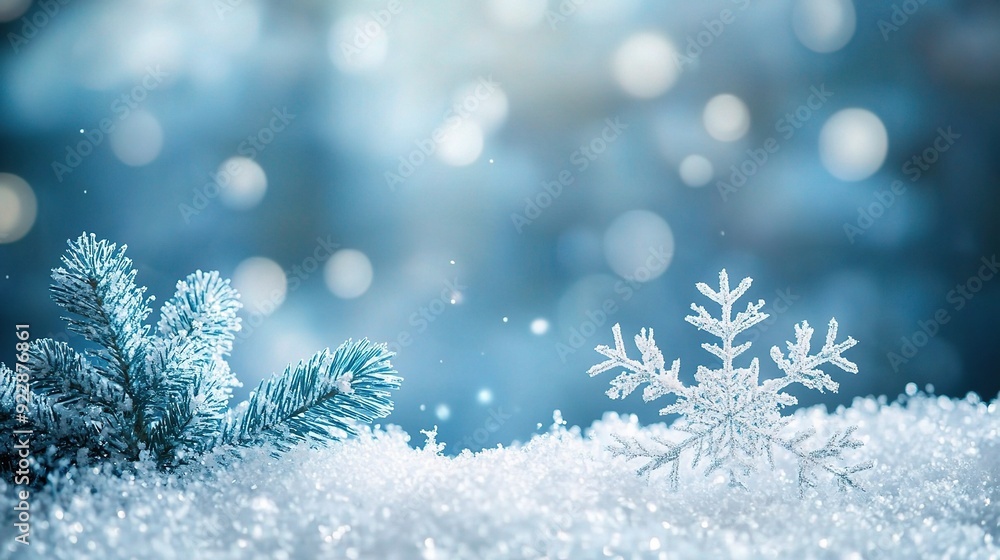 Winter Wonderland: A delicate snowflake rests gracefully on a bed of pristine snow, framed by a frosted pine branch, against a dreamy backdrop of shimmering blue bokeh. Winter Wonderland: A delicate snowflake rests gracefully on a bed of pristine snow, framed by a frosted pine branch, against a dreamy backdrop of shimmering blue bokeh.