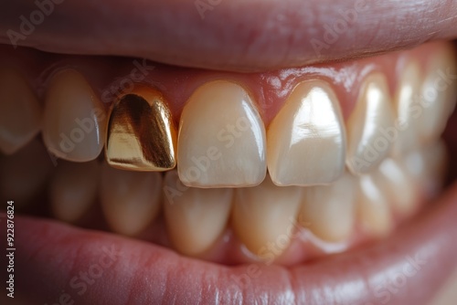 A closeup image shows a smile with a distinctive, eyecatching gold tooth crown among natural teeth