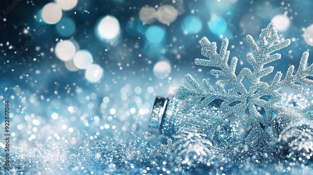Winter Wonderland Sparkle: A shimmering snowflake ornament rests on a bed of sparkling glitter, bathed in a cool blue light, creating a magical winter scene. Winter Wonderland Sparkle: A shimmering snowflake ornament rests on a bed of sparkling glitter, bathed in a cool blue light, creating a magical winter scene.