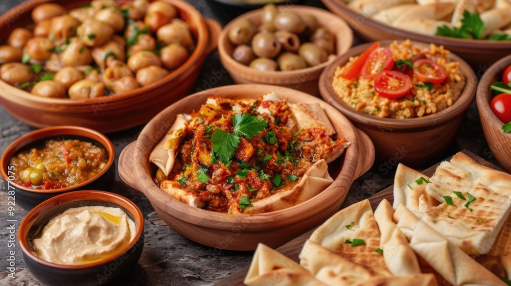 The image captures the essence of Arab hospitality showcasing a group of friends sharing a traditional mezze platter filled with a variety of small dishes and appetizers The image captures the essence of Arab hospitality showcasing a group of friends sharing a traditional mezze platter filled with a variety of small dishes and appetizers