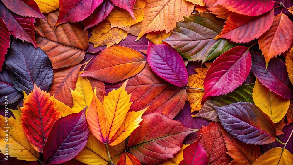 Close-up view of vibrant autumn leaves in various shades of red, orange, yellow, and purple , Fall foliage Close-up view of vibrant autumn leaves in various shades of red, orange, yellow, and purple , Fall foliage