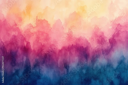 Abstract watercolor painting with vibrant hues blending from blue to pink and yellow, evoking a tranquil and dreamlike atmosphere.