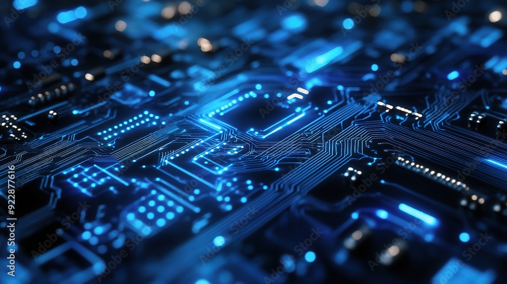 Cybernetic Pulse: Abstract close-up of a circuit board, glowing with vibrant blue light, showcasing intricate technological details and the power of digital innovation. Cybernetic Pulse: Abstract close-up of a circuit board, glowing with vibrant blue light, showcasing intricate technological details and the power of digital innovation.