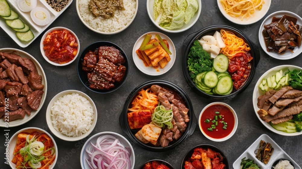 This image showcases a diverse array of traditional Korean delicacies and dishes presented on a table with a meticulously arranged and visually appealing layout This image showcases a diverse array of traditional Korean delicacies and dishes presented on a table with a meticulously arranged and visually appealing layout
