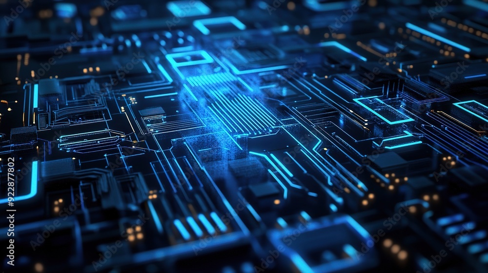 Circuitry of Innovation: Glowing blue lines trace the intricate pathways of a futuristic circuit board, showcasing the power and complexity of modern technology. Circuitry of Innovation: Glowing blue lines trace the intricate pathways of a futuristic circuit board, showcasing the power and complexity of modern technology.