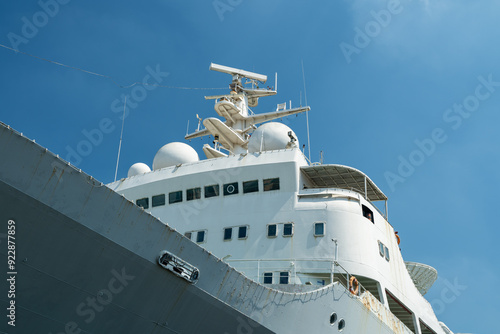 Close-up of the radar antenna of an ocean surveillance ship.