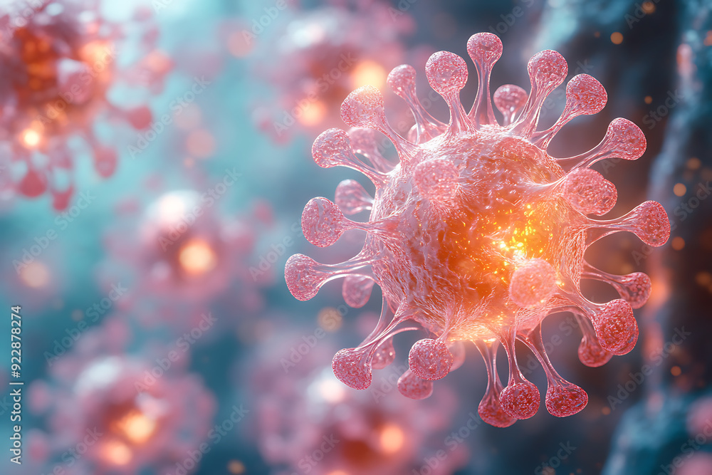 Obraz premium Detailed 3D rendering of a virus molecule showcasing its spiked protein structure, highlighting biological details against a blurred background. 