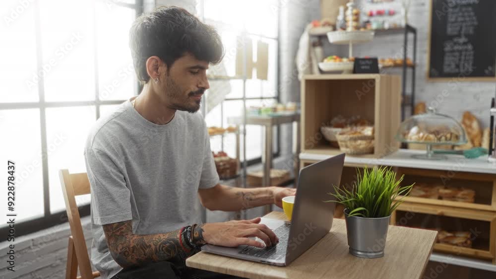 Young man working on laptop and drinking coffee in a bakery with pastries and plants in the background Young man working on laptop and drinking coffee in a bakery with pastries and plants in the background
