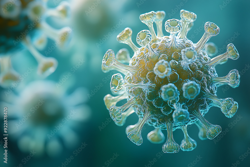 Obraz premium Detailed 3D rendering of a virus molecule showcasing its spiked protein structure, highlighting biological details against a blurred background. 