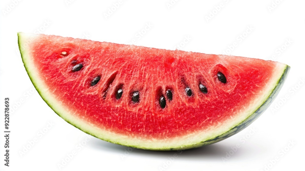 A slice of watermelon with black seeds, isolated on a white background. A slice of watermelon with black seeds, isolated on a white background.