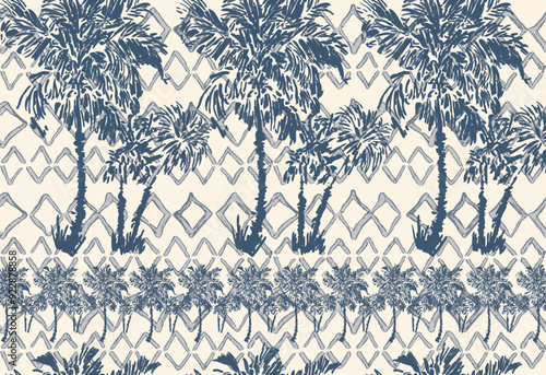 Tropical pattern with freehand drawn palm trees with watercolor rhombuses background; seamless pattern for decoration and textiles.
