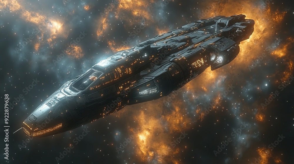 A futuristic spaceship traverses through a starry nebula. A futuristic spaceship traverses through a starry nebula.