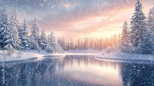 Winter Wonderland: A serene winter landscape unfolds with snow-covered trees framing a tranquil lake, bathed in the soft glow of a golden sunrise.