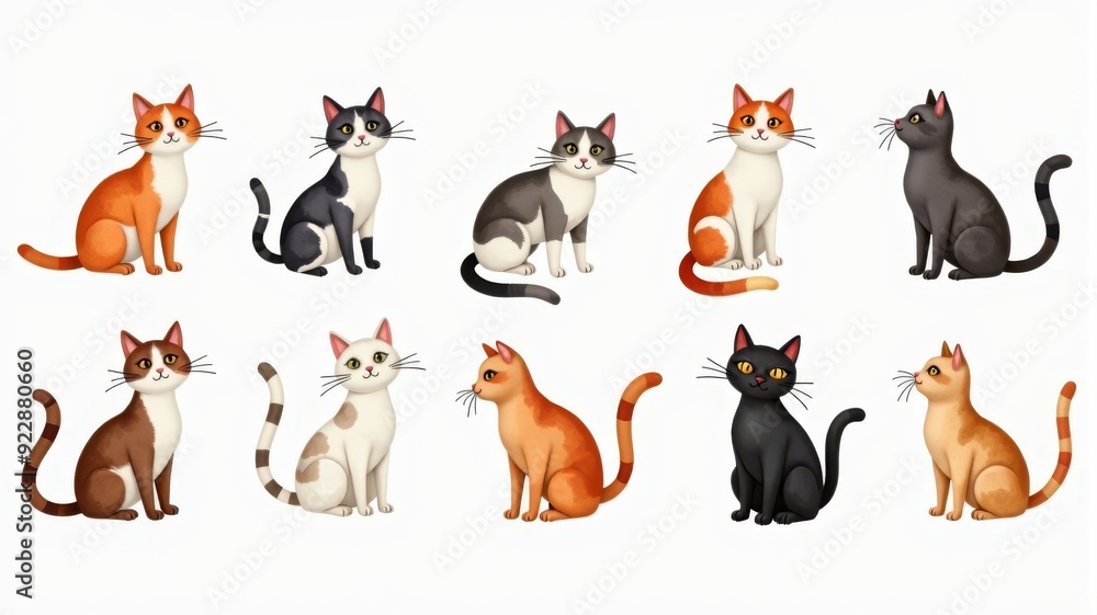 Fototapeta premium Colorful Cat Illustrations in Various Poses - Cute Cartoon Cats Collection for Posters, Greeting Cards, and Children's Books