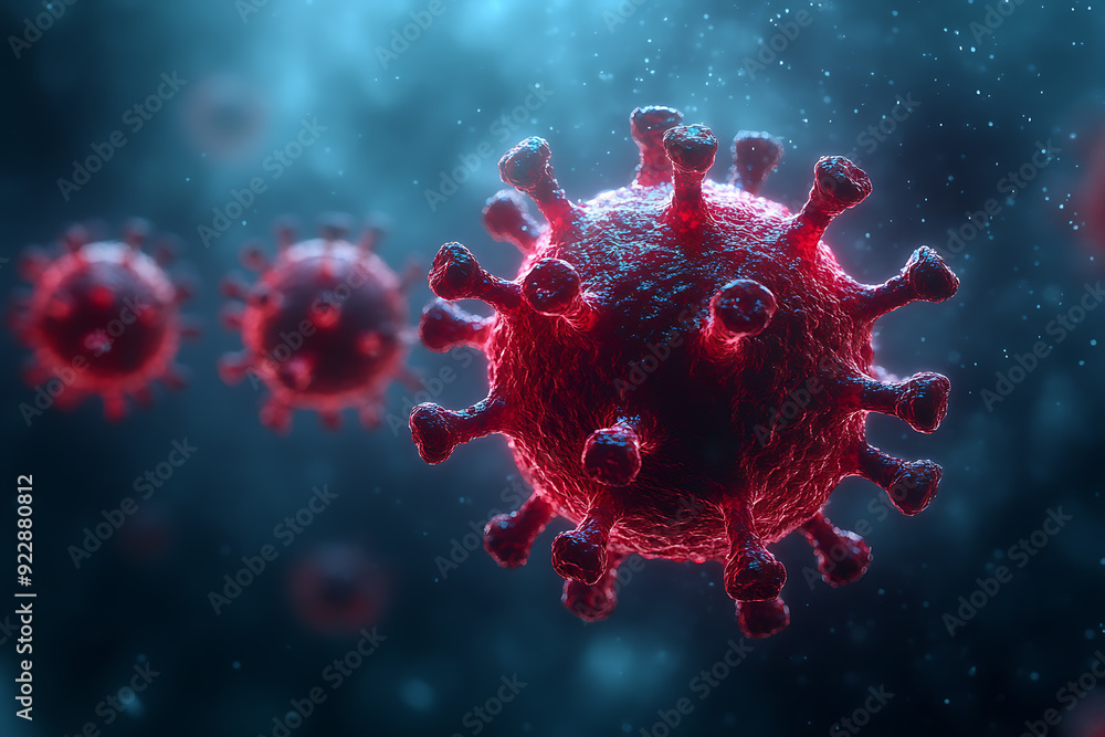 Detailed 3D rendering of a virus molecule with prominent red spike proteins, emphasizing its structure against a dark, blurry background.
Detailed 3D rendering of a virus molecule with prominent red spike proteins, emphasizing its structure against a dark, blurry background.