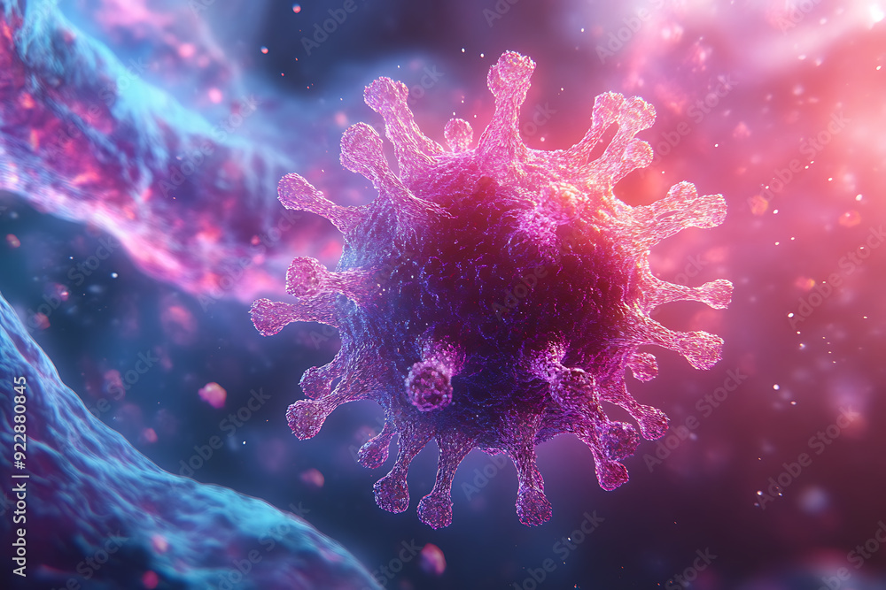 Detailed 3D rendering of a virus molecule with prominent red spike proteins, emphasizing its structure against a dark, blurry background.
Detailed 3D rendering of a virus molecule with prominent red spike proteins, emphasizing its structure against a dark, blurry background.