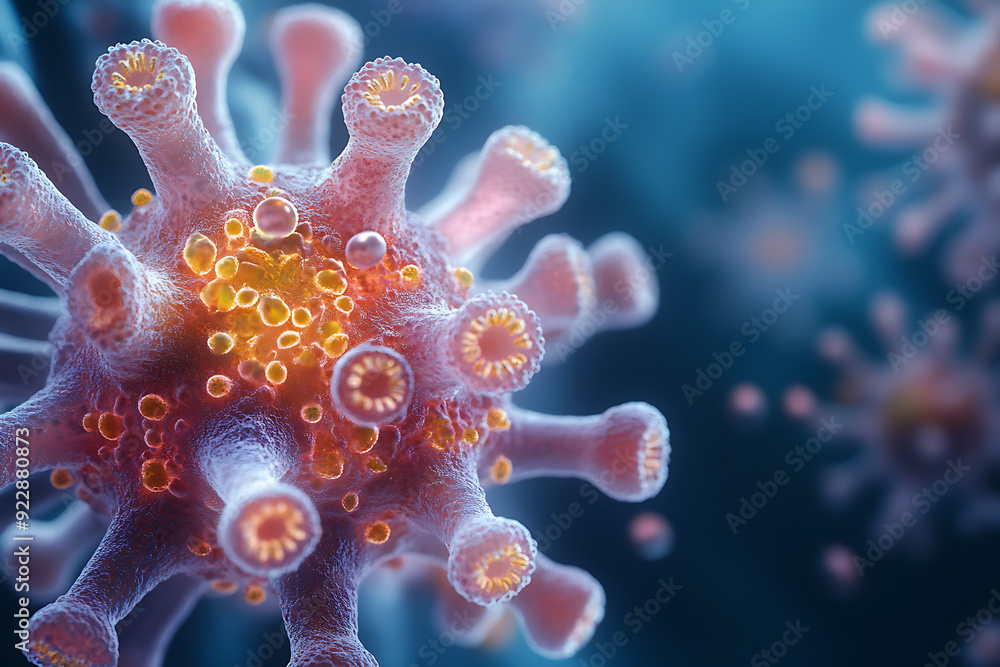 Detailed 3D rendering of a virus molecule with prominent red spike proteins, emphasizing its structure against a dark, blurry background.
Detailed 3D rendering of a virus molecule with prominent red spike proteins, emphasizing its structure against a dark, blurry background.