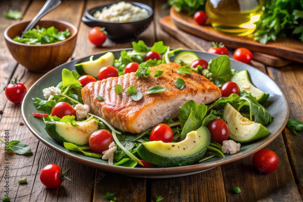 Fresh mixed greens topped with seared salmon fillet, creamy avocado slices, cherry tomatoes, and crumbled feta cheese, drizzled with rich balsamic vinaigrette dressing. Fresh mixed greens topped with seared salmon fillet, creamy avocado slices, cherry tomatoes, and crumbled feta cheese, drizzled with rich balsamic vinaigrette dressing.