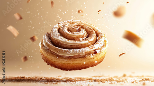 freshly baked cinnamon roll with icing sugar sprinkle in mid-air