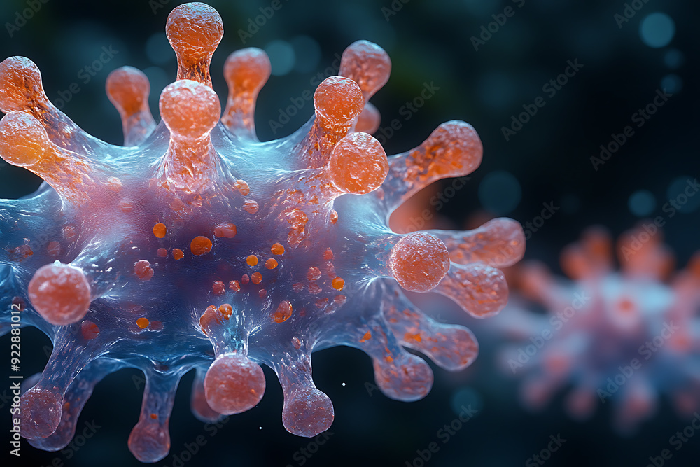 Obraz premium Detailed 3D rendering of a virus molecule with prominent red spike proteins, emphasizing its structure against a dark, blurry background. 