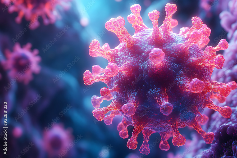 Detailed 3D rendering of a virus molecule with prominent red spike proteins, emphasizing its structure against a dark, blurry background.
Detailed 3D rendering of a virus molecule with prominent red spike proteins, emphasizing its structure against a dark, blurry background.