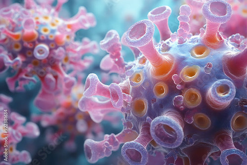 Wallpaper Mural Vivid 3D rendering of virus molecules with pink and blue hues, highlighting detailed spikes and cellular structure in a vibrant setting.
 Torontodigital.ca