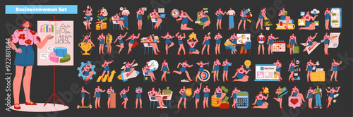 young businesswoman set. Flat Vector Illustration