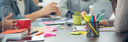 Fototapeta Naklejka Na Ścianę i Meble -  Banner close up hands group of Business People meeting in conference room. Panorama business team brainstorming partner teamwork. Close up hand Team meeting partnership trust teamwork with copy space