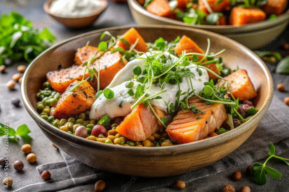 Roasted sweet potatoes overflowing with flavorful mix of tender salmon, nutritious lentils, and fresh herbs, garnished with a dollop of creamy yogurt and microgreens. Roasted sweet potatoes overflowing with flavorful mix of tender salmon, nutritious lentils, and fresh herbs, garnished with a dollop of creamy yogurt and microgreens.