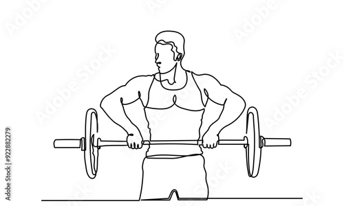 Man Fitness workout exercise Continuous line drawing of a man lifting a heavy-weight barbell. A male bodybuilder is doing exercise in the gym center. Healthy lifestyle concept.