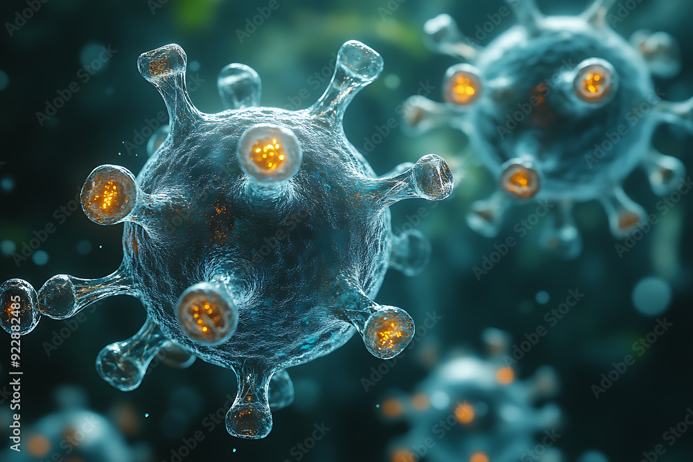 Detailed 3D rendering of a virus molecule showcasing its spiked protein structure, highlighting biological details against a blurred background.
Detailed 3D rendering of a virus molecule showcasing its spiked protein structure, highlighting biological details against a blurred background.