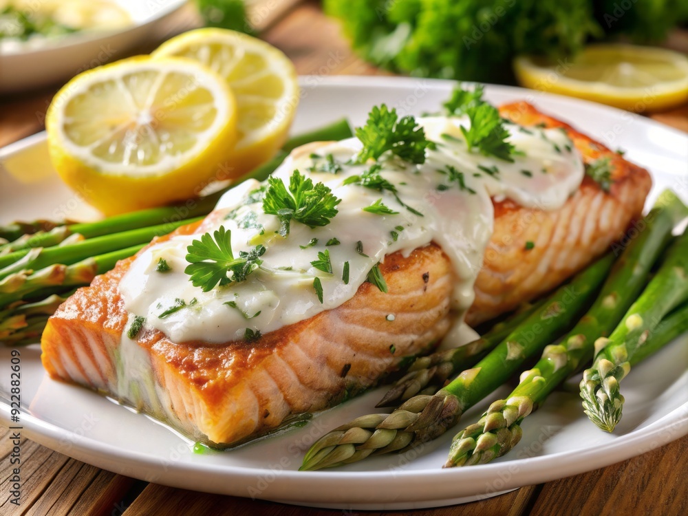 Freshly grilled salmon fillet served atop a bed of tender roasted asparagus, drizzled with a zesty and refreshing lemon dill sauce, garnished with parsley. Freshly grilled salmon fillet served atop a bed of tender roasted asparagus, drizzled with a zesty and refreshing lemon dill sauce, garnished with parsley.