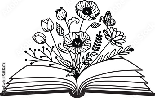 Drawing flowers on opened book with editable strokes. Vector illustration.