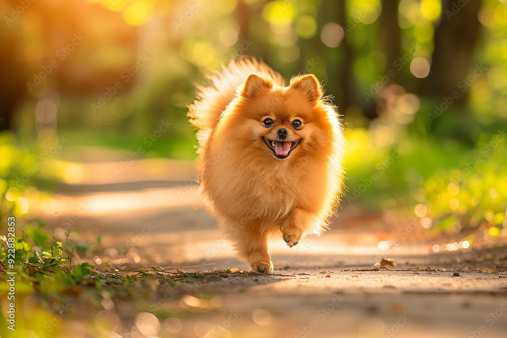 Fototapeta premium A Fluffy Happy Pomeranian Dog with a Vibrant Orange Backdrop, Running Joyfully Through Sunlit Pathway, Surrounded by Greenery, Embodying Happiness and Vitality in a Picturesque Natural Setting