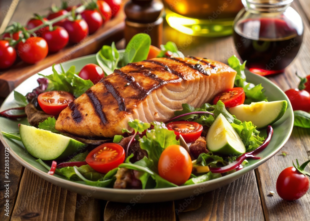 Freshly prepared salad featuring grilled salmon, ripe avocado, mixed greens, and cherry tomatoes, dressed with a rich and tangy balsamic vinaigrette. Freshly prepared salad featuring grilled salmon, ripe avocado, mixed greens, and cherry tomatoes, dressed with a rich and tangy balsamic vinaigrette.