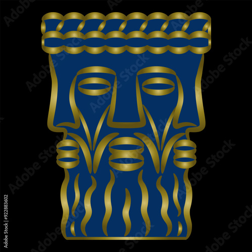 Head of Celtic god Lugh. Pagan trinity. Gaulish Deity Lugus. Three faced bearded man. Ethnic design.