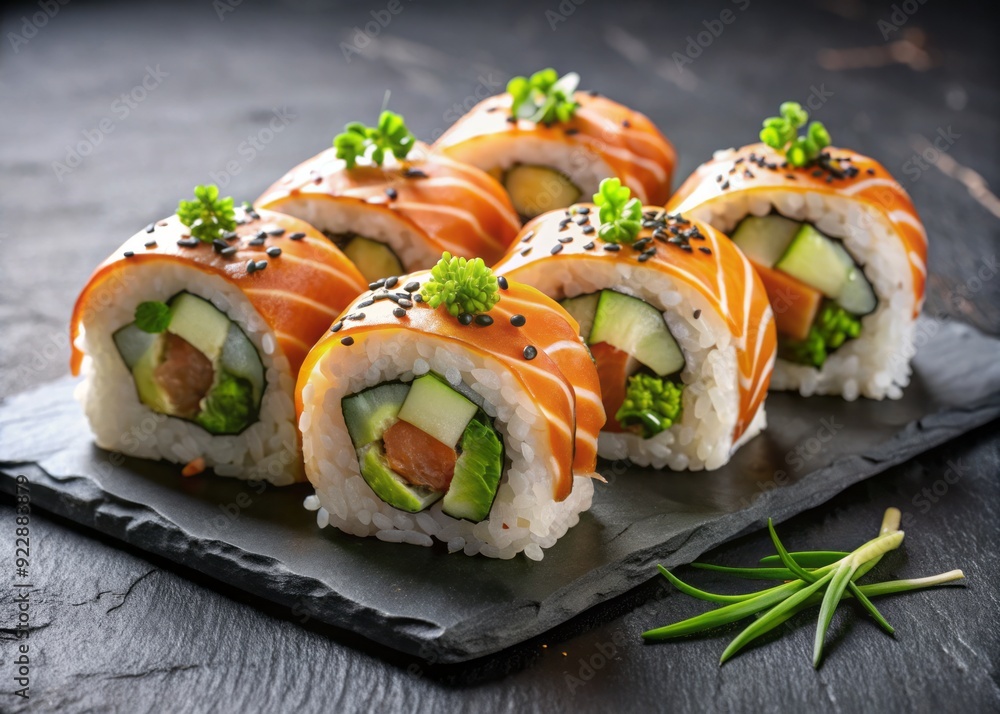 Freshly prepared salmon and avocado sushi rolls garnished with thinly sliced daikon radish and sesame seeds, served on a sleek black stone plate. Freshly prepared salmon and avocado sushi rolls garnished with thinly sliced daikon radish and sesame seeds, served on a sleek black stone plate.