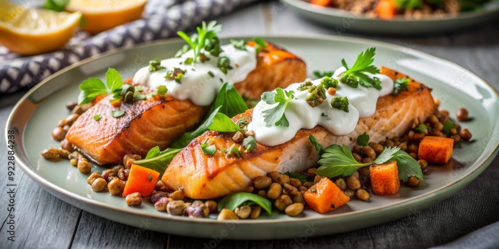 Roasted sweet potatoes overflowing with savory salmon and lentil mixture, topped with a dollop of refreshing Greek yogurt, fresh mint, and a sprinkle of fragrant cilantro. Roasted sweet potatoes overflowing with savory salmon and lentil mixture, topped with a dollop of refreshing Greek yogurt, fresh mint, and a sprinkle of fragrant cilantro.