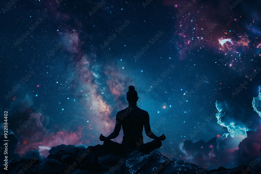 A Serene and Mystical Scene Featuring a Silhouetted Figure Meditating under a Starry Sky with Nebulous Clouds and Cosmic Colors in a Rocky Terrain A Serene and Mystical Scene Featuring a Silhouetted Figure Meditating under a Starry Sky with Nebulous Clouds and Cosmic Colors in a Rocky Terrain