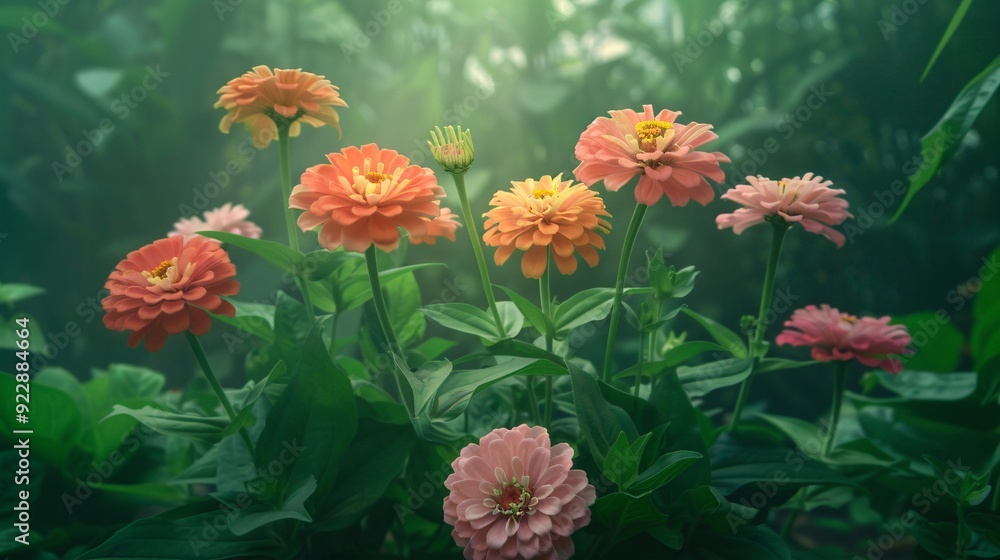 A vibrant cluster of zinnia flowers surrounded by lush greenery in a serene environment. A vibrant cluster of zinnia flowers surrounded by lush greenery in a serene environment.