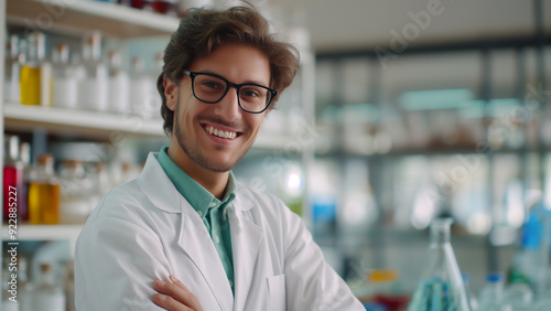 White male chemist, copy space, smiling