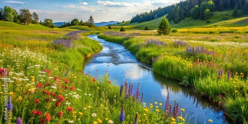 Fototapeta Naklejka Na Ścianę i Meble -  Serene meadow with meandering stream and vibrant wildflowers, serene, meadow, meandering stream, vibrant, wildflowers