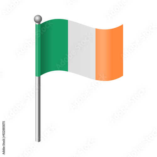 The Ireland flag flutters and waves on the flagpole. For icons, banners, emblems etc. Editable and scalable vector graphic illustration isolated eps file.