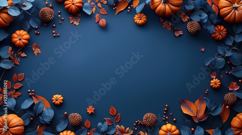 pumpkins with autumn leaves on dark blue background thanksgiving banner design.