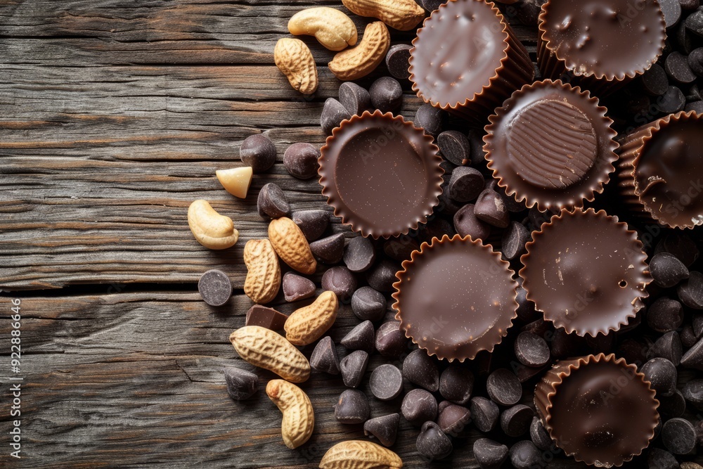 A close-up of peanut butter cups on a wooden table, surrounded by scattered peanuts and chocolate chips.Peanut butter cups.Peanut butter.Dark chocolate.Traditional American candy A close-up of peanut butter cups on a wooden table, surrounded by scattered peanuts and chocolate chips.Peanut butter cups.Peanut butter.Dark chocolate.Traditional American candy